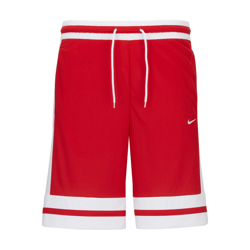 Men's red basketball shorts with white trim, drawstring waistband, and Nike swoosh