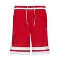 Men's red basketball shorts with white trim, drawstring waistband, and Nike swoosh