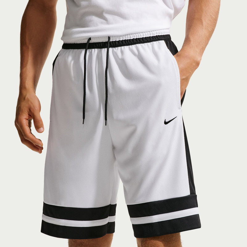 White basketball shorts with black side panels, striped hem, drawstring waist