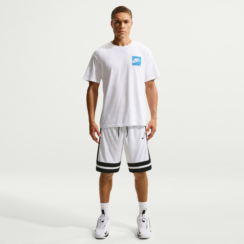 Men's white basketball shorts with black-striped hem and drawstring elastic waist