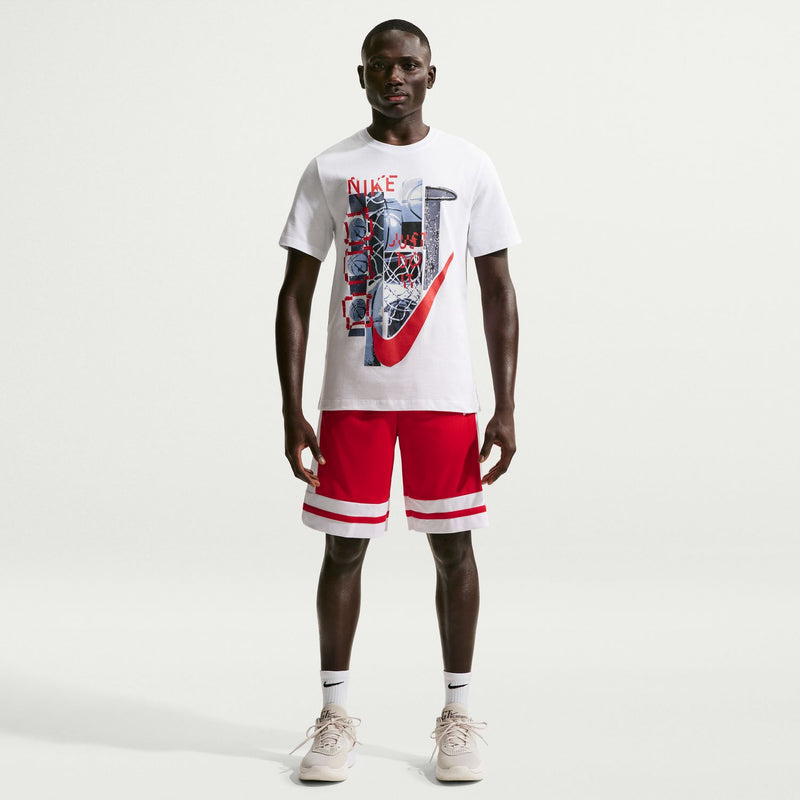 Men's red 10-inch basketball shorts with white striped hems and drawstring waistband