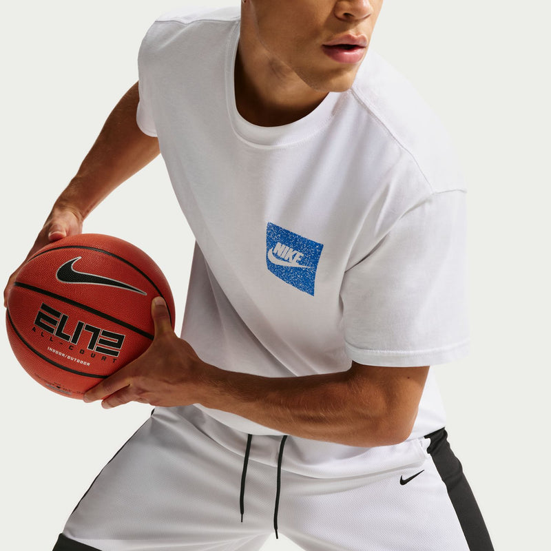White basketball shorts with black drawstring waist and side stripe accents