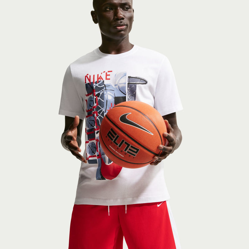 Red basketball shorts with white waistband stripe, striped hem, and Nike swoosh