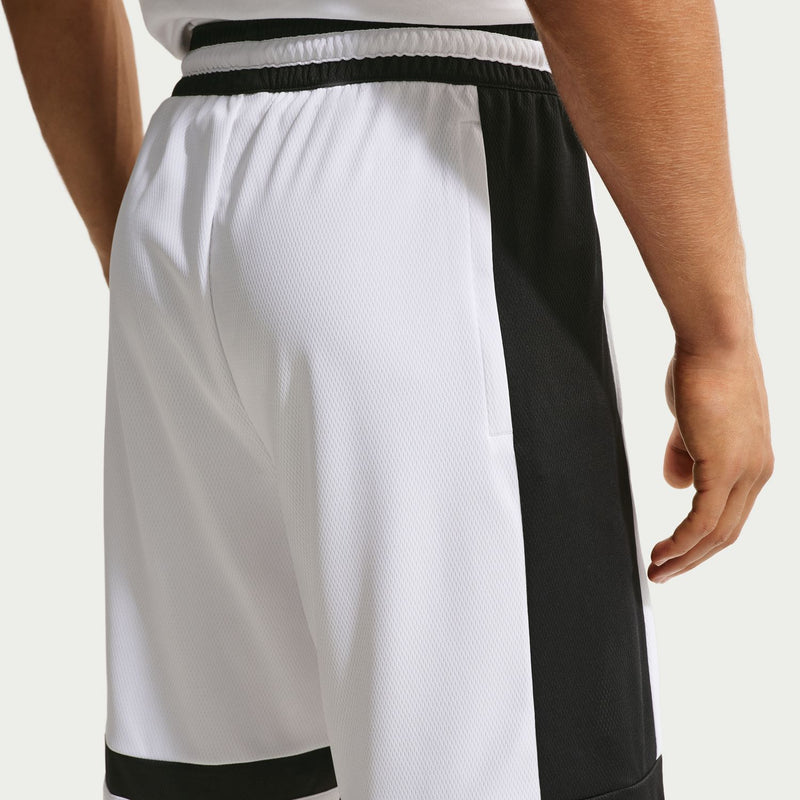 White shorts with black side panels and elastic waistband, mesh basketball style