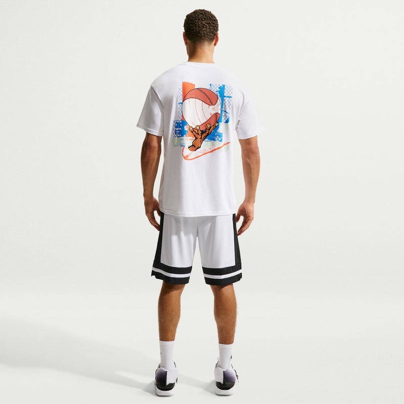White basketball shorts with black-striped hem and side trim, back view