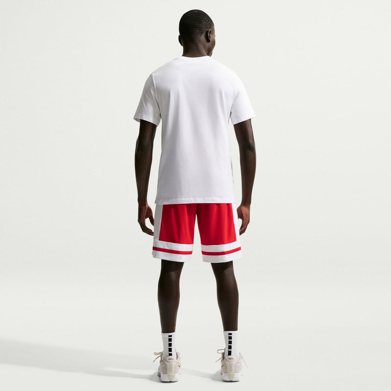 Back view of red 10-inch basketball shorts with white striped hem and waistband