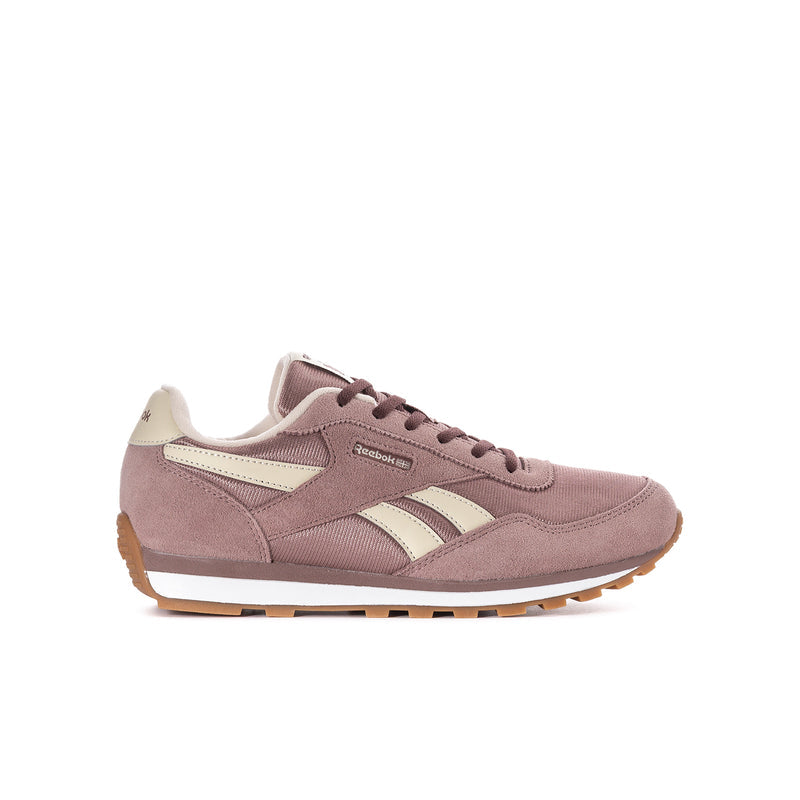 Youth mauve suede sneaker with cream stripes, burgundy laces, and gum sole