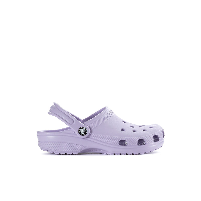 Kids' lavender clog with adjustable strap and perforated upper, slip-on style