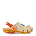 Kids' orange-and-cream clog with flower graphics and orange heel strap