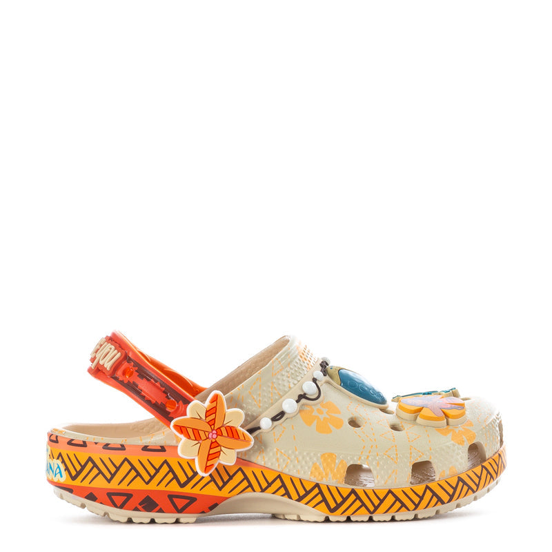 Kids' orange-and-cream clog with flower graphics and orange heel strap
