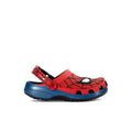 Kids red clog with spiderweb print, character face detail, blue sole