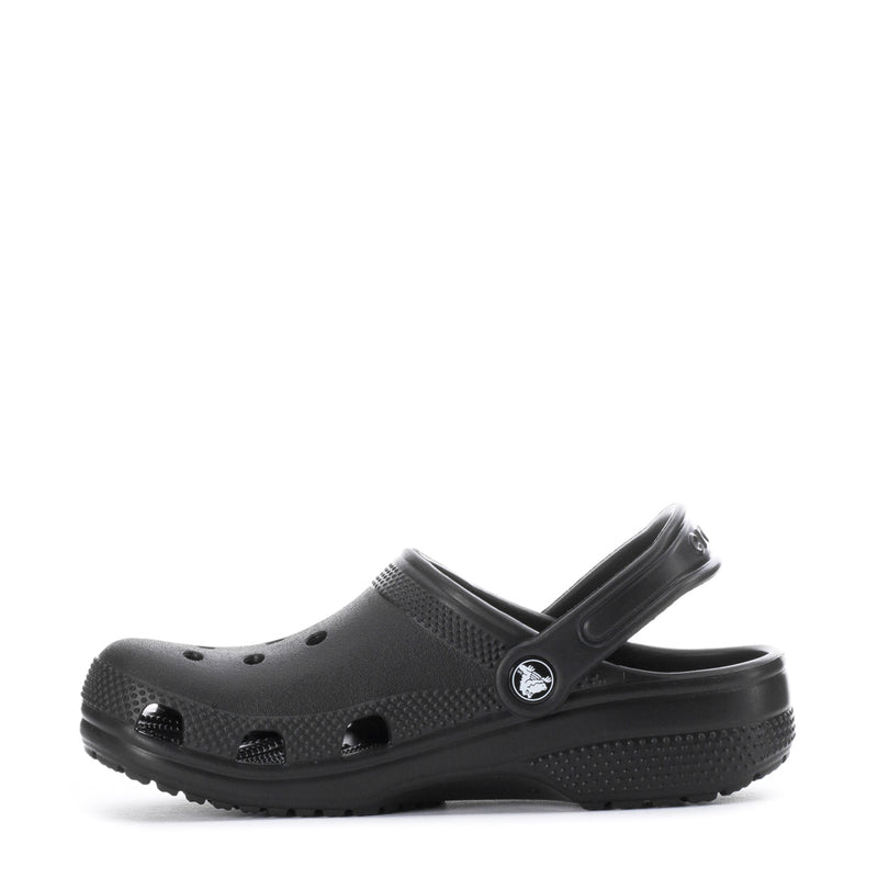 Kids' black clog, open-toe design with adjustable strap and treaded base