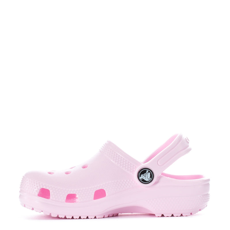 Kids' Crocs Pink Milk clog, side view with round ventilation holes and strap