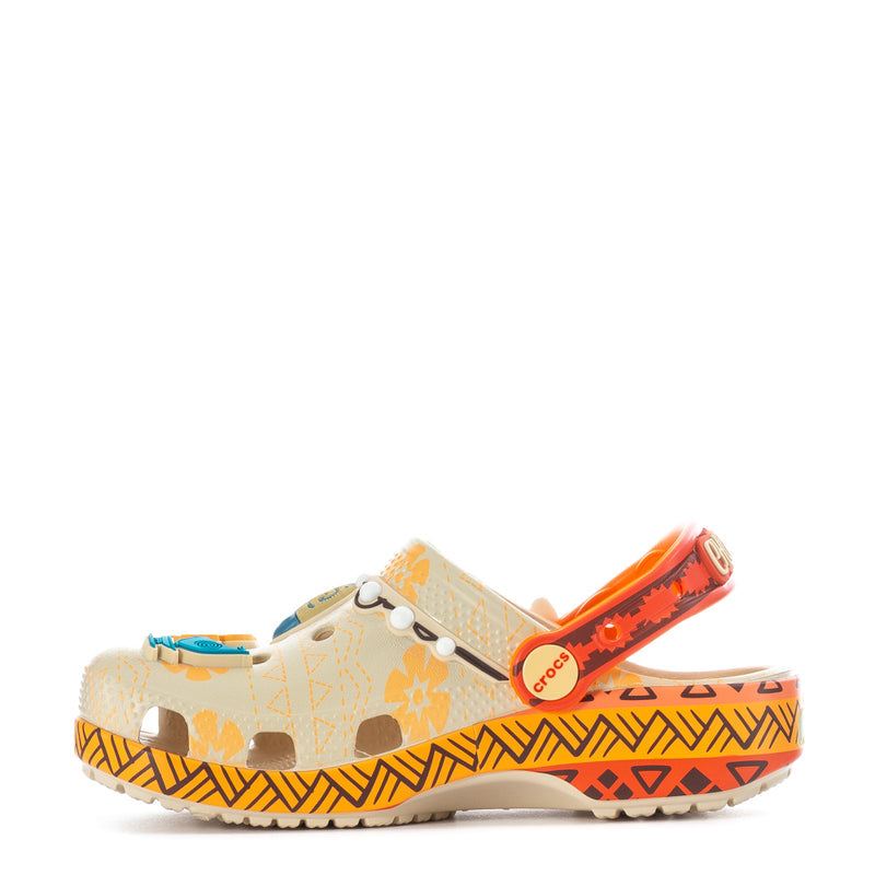 Kids' cream clog with orange heel strap, patterned platform sole and flower charms