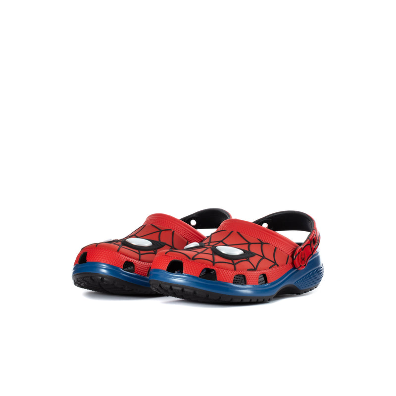 Kids red clog with spiderweb print and character face, blue rocker sole