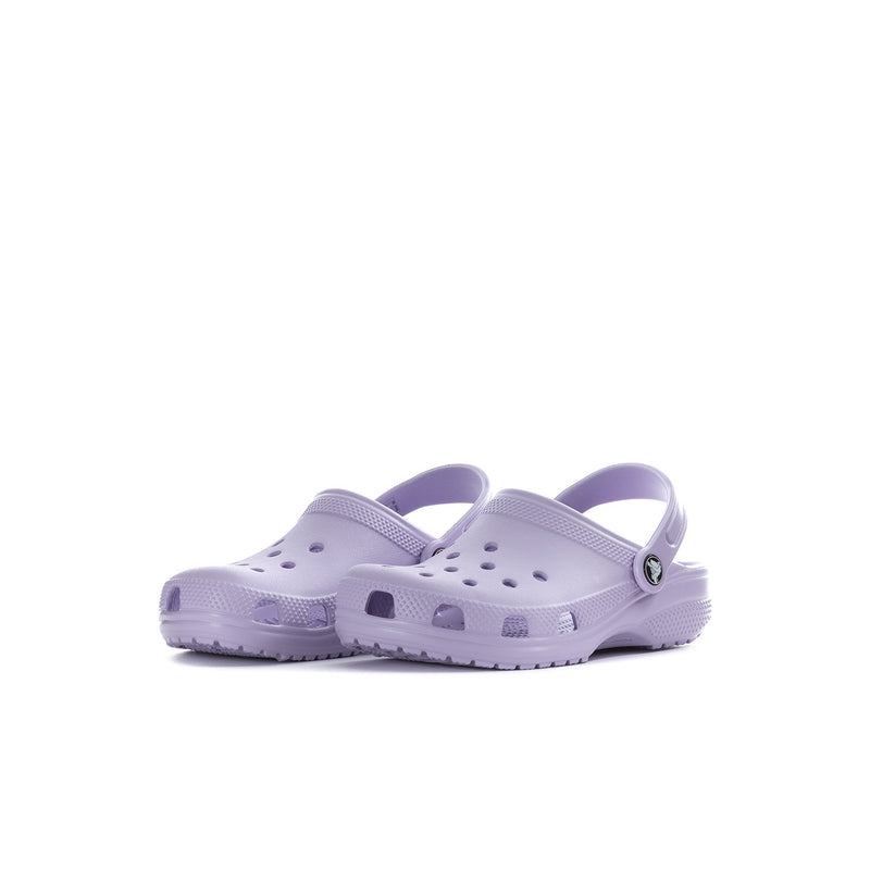 Kids' lavender clog, side view with perforations and adjustable strap detail