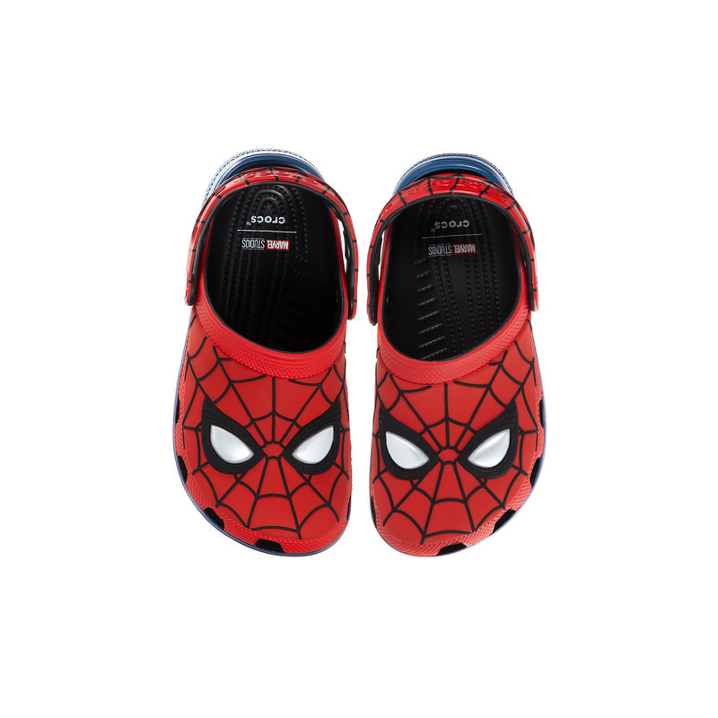 Kids red slip-on clogs with spiderweb character face on uppers, black interior