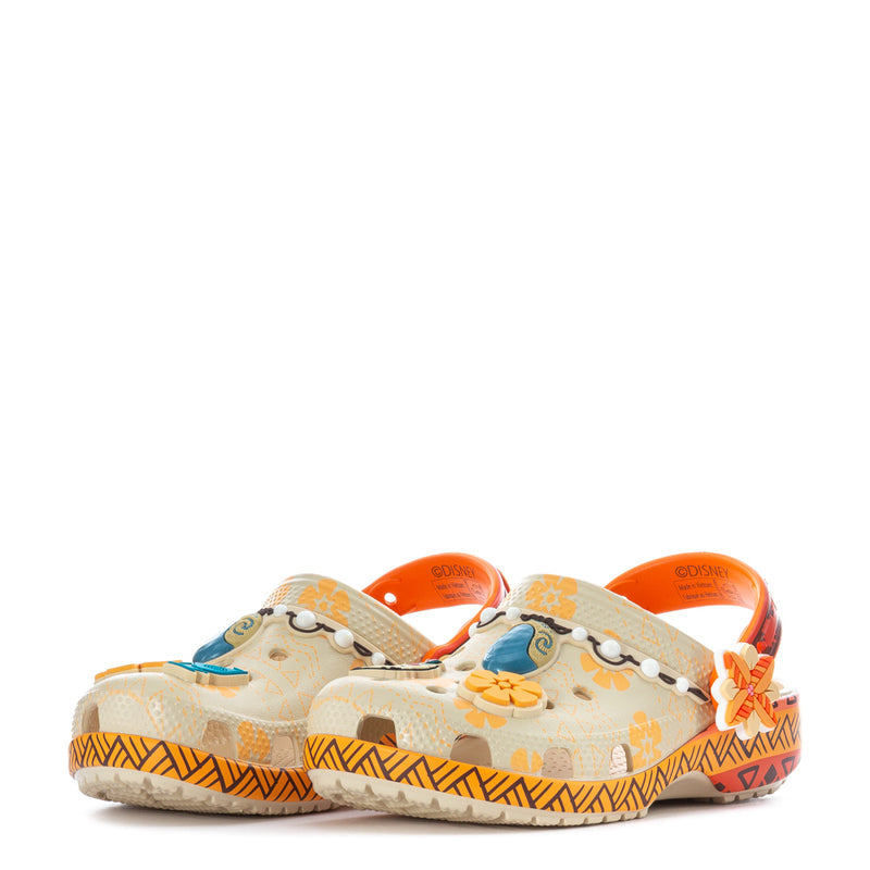 Kids' cream clog with orange heel openings, flower applique and beaded strap accents