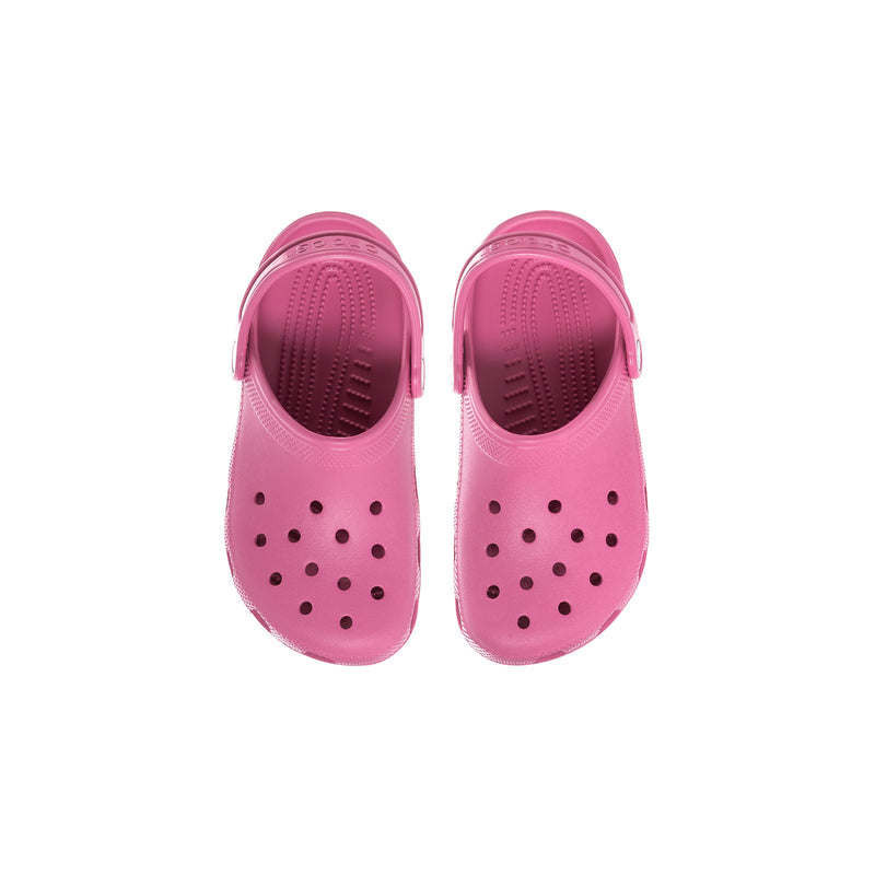 Pink kids' clogs viewed from above with ventilation holes on the toe