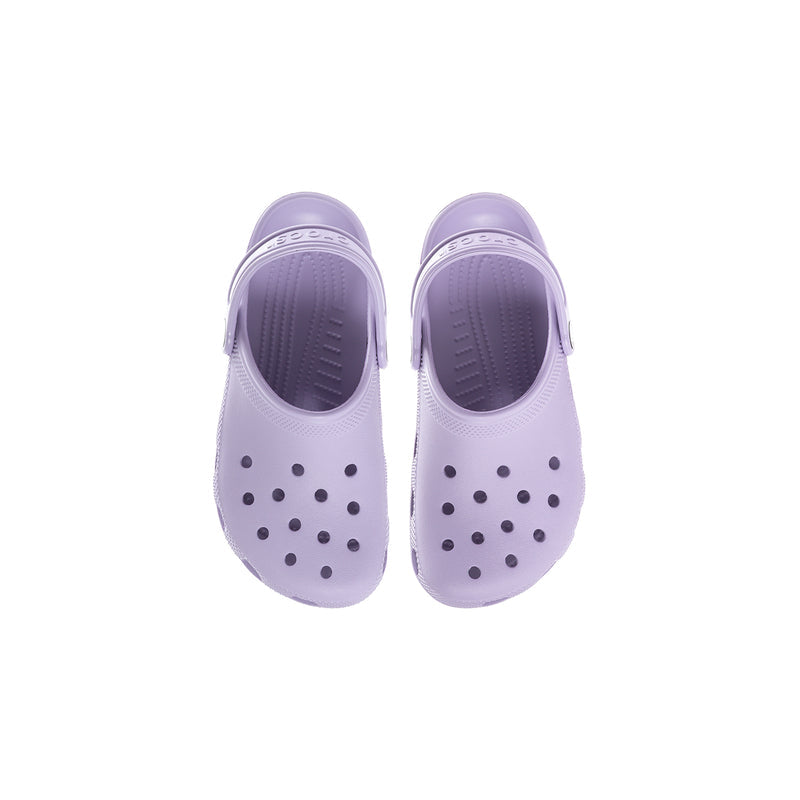 Kids' lavender clog with perforated upper and closed toe, top view