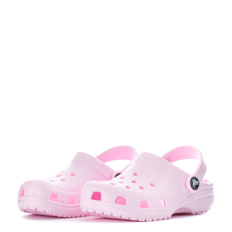 Kids' Crocs Pink Milk clog pair, open back and perforated top with pink accents