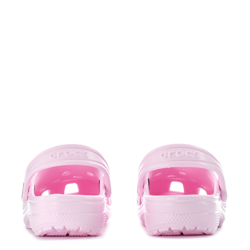 Kids' Crocs Pink Milk clog heels, back view with logo and textured sole