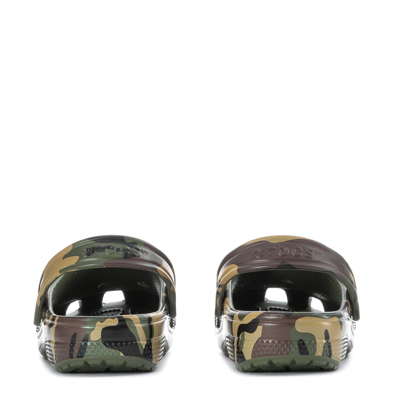 Kids' camo clogs rear view with molded sole and roomy heel openings