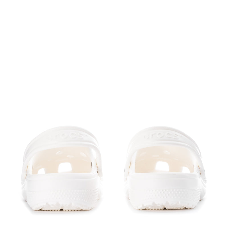 Kids' white clog heel view with textured back and molded heel detail