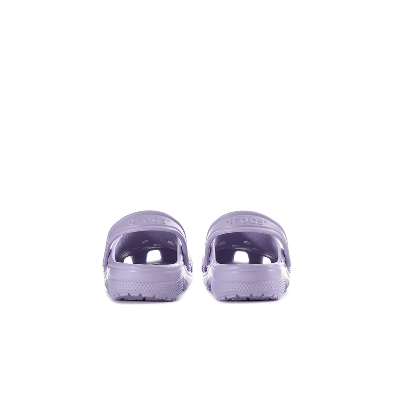 Kids' lavender clog, rear view with heel opening and textured back