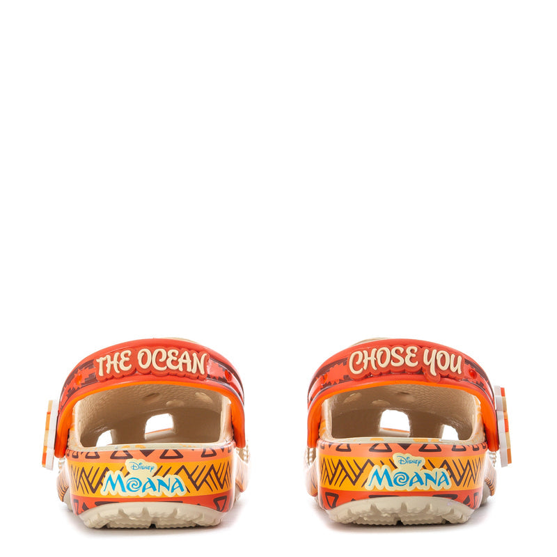 Kids' orange-backed clogs with 'THE OCEAN' and 'CHOOSE YOU' on the heel