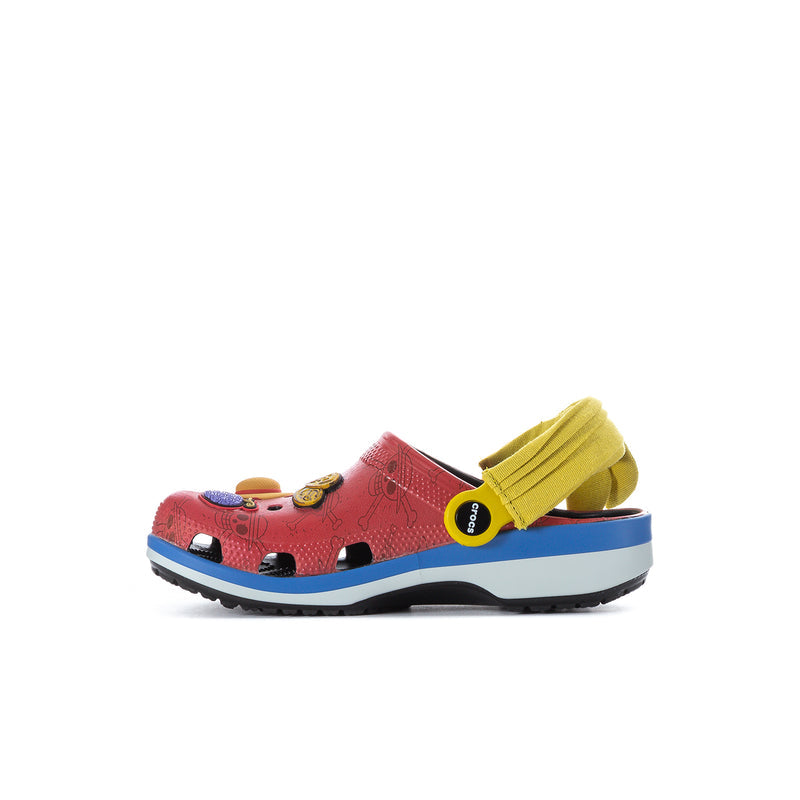 Kids red clog with yellow strap, blue sidewall, and printed character accents