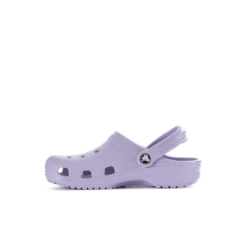 Kids' lavender clog with perforated upper and adjustable strap, angled side view