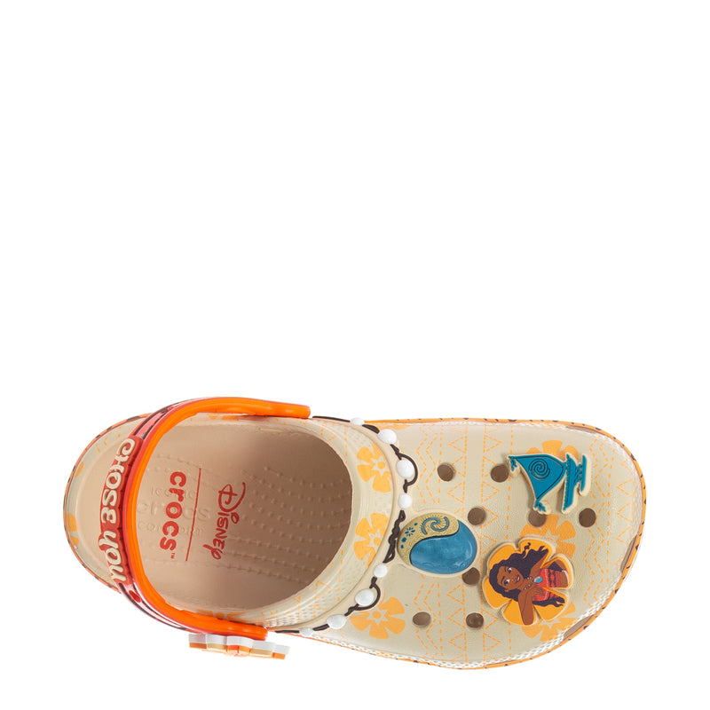 Kids' cream clog showing insole and orange strap, with character graphic on top