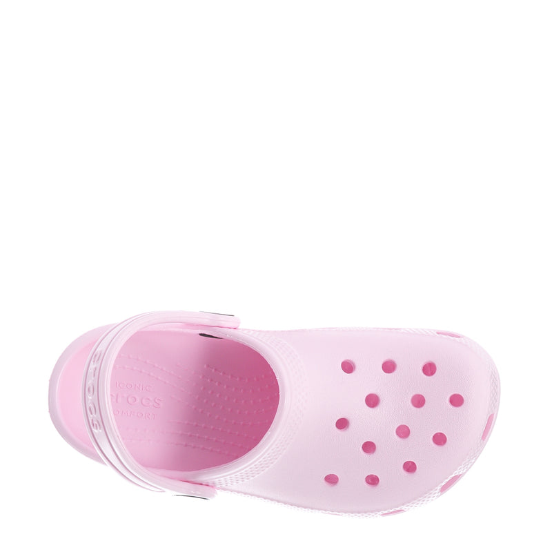 Kids' Crocs Pink Milk clog, inside view with pink dots and molded footbed