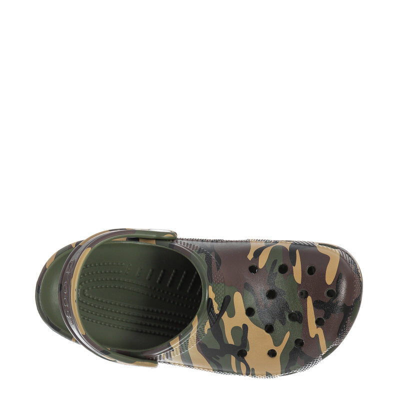 Kids' camo clogs showing open back and cushioned green footbed interior