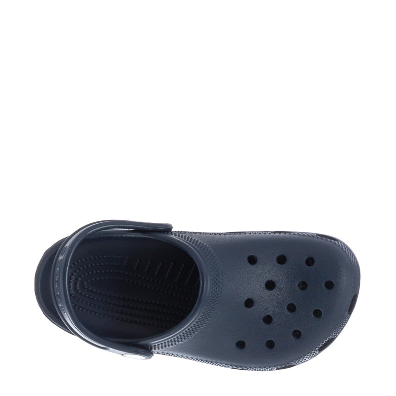 Kids' navy clog with open heel and perforated upper