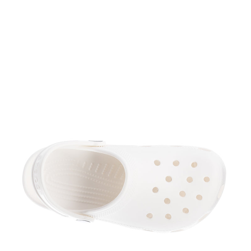 Kids' white clog outsole with tread texture and circular traction pattern