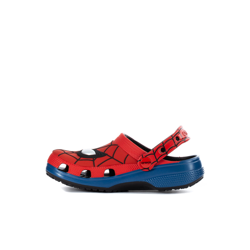 Kids red clog with spiderweb print, character face, hook-and-loop strap, blue sole