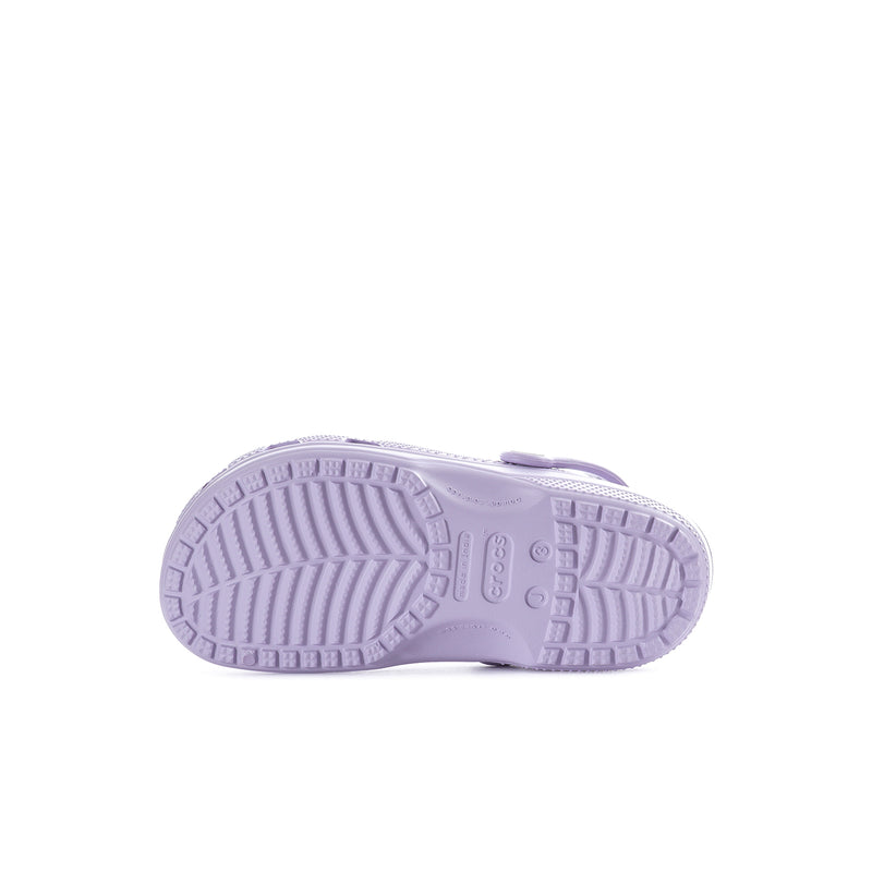 Kids' lavender clog outsole with textured tread, bottom view