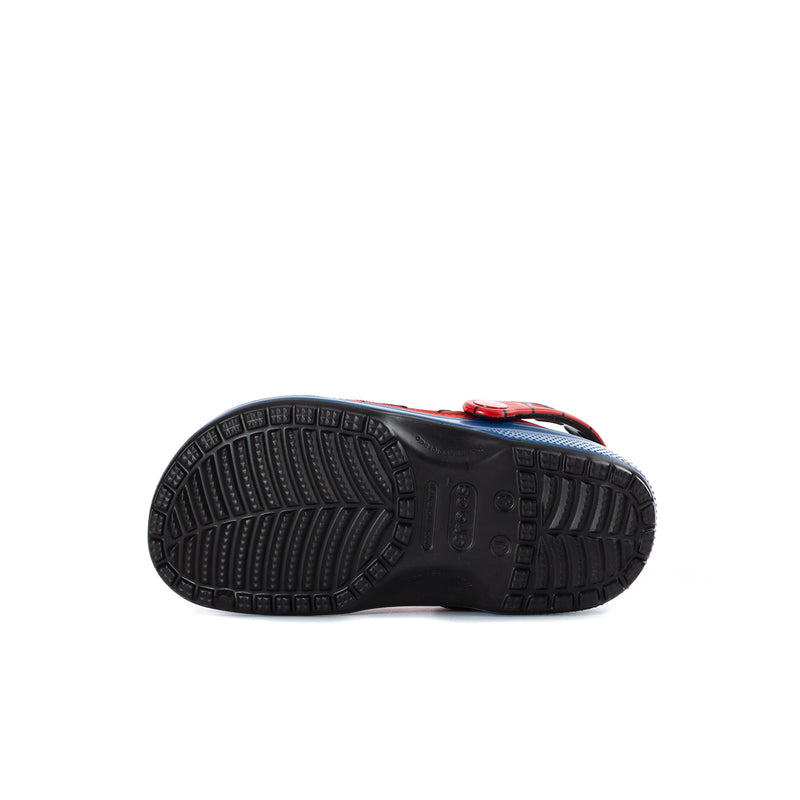 Kids red clog outsole, blue tread and black grip bottom
