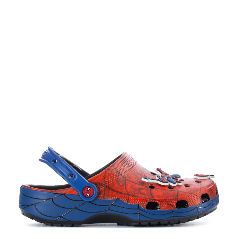 Men's clog in red and blue with Spider-Man graphic and slip-on strap