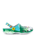 Men's clog in green and turquoise with playful graphic accents and strap.