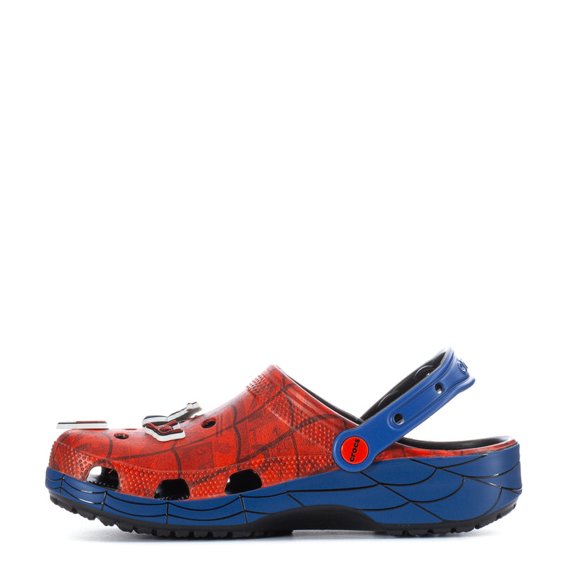 Men's Spider-Man themed clog, red upper with blue sides and molded ventilation holes