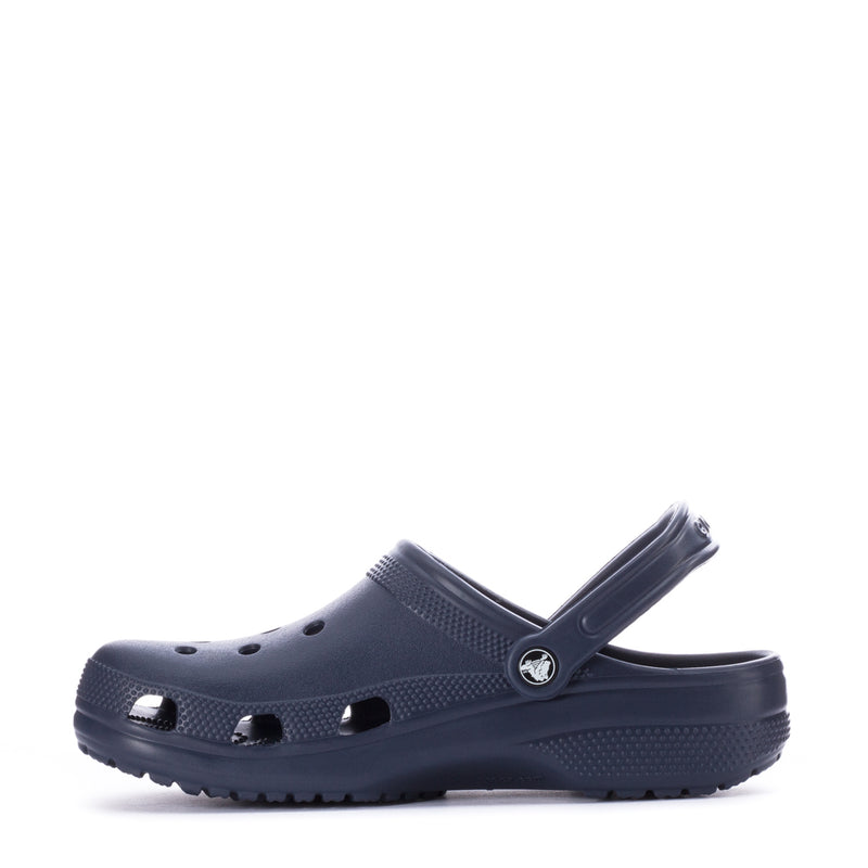 Navy men’s clogs, front view with ventilation holes and strap buckle