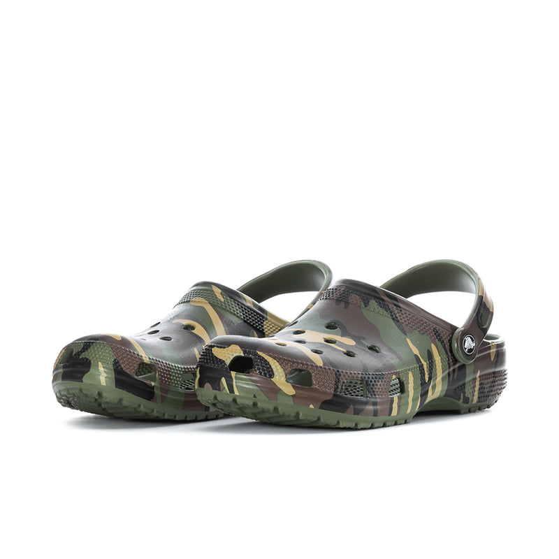 Men's camouflage clogs, side view with vent holes and heel strap