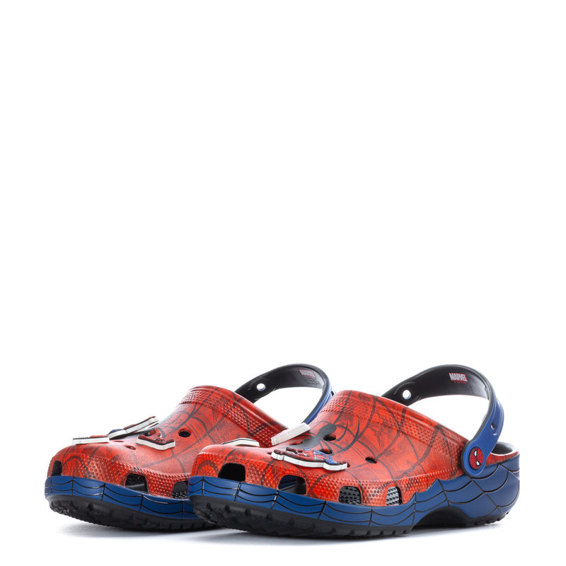 Men's Spider-Man clog with red patterned upper, blue heel strap, and black back lining