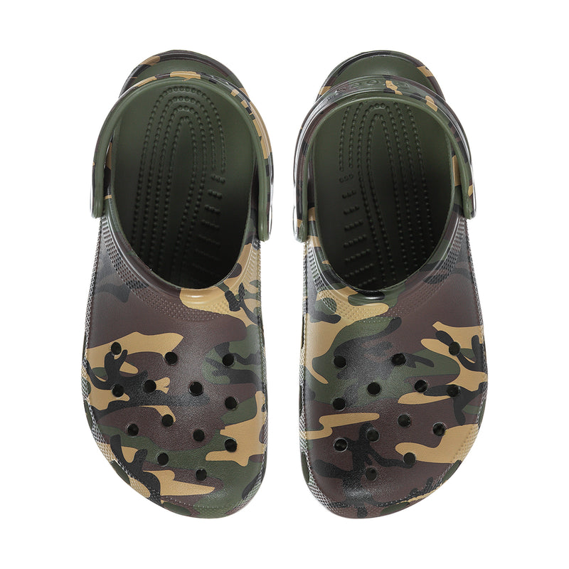 Men's camouflage clog interior, padded footbed with perforations
