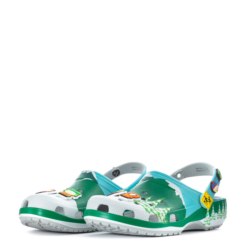 Men's clog with white toe panel, green upper, and character decals.