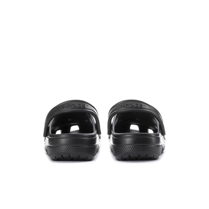 Black men's clog heels with molded back detail and treaded rubber sole