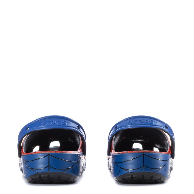 Pair of men's Spider-Man clogs, blue backs with open heel and black interior